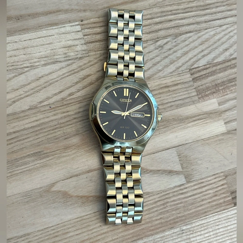 Citizen Eco-Drive Men’s Watch Dark Gray Dial Day Date Window Gold-Tone Bracelet